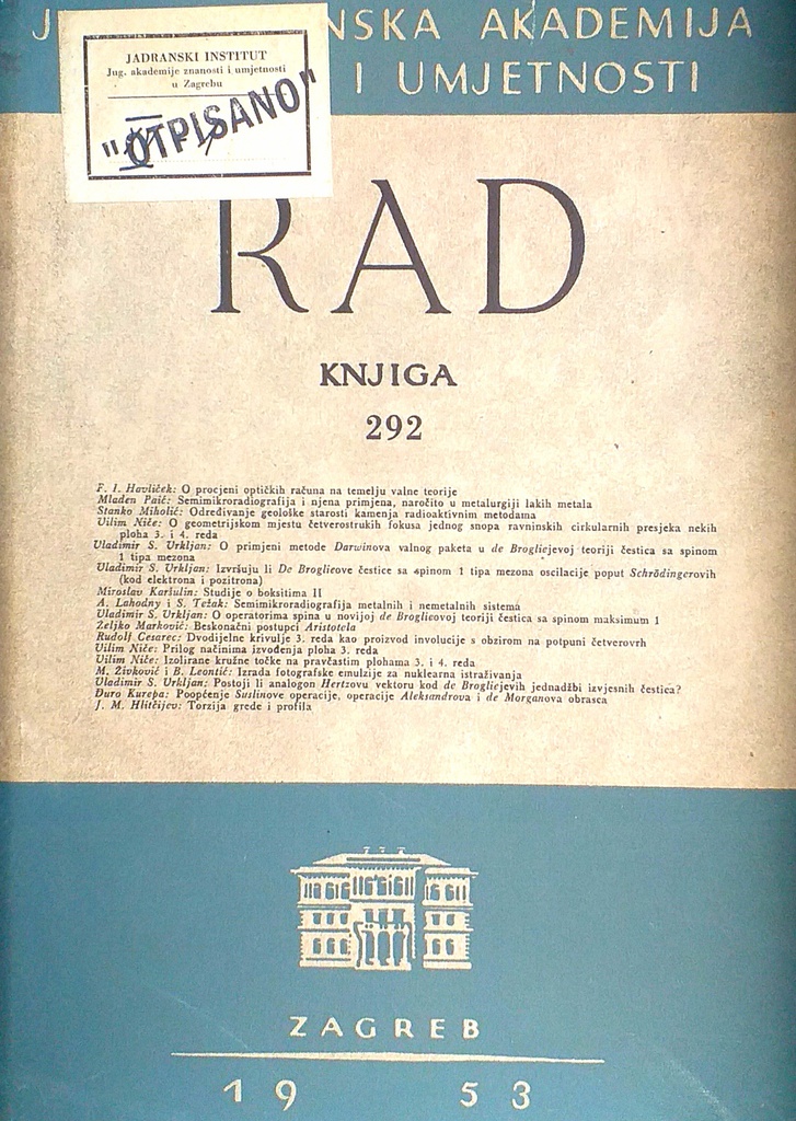 RAD JUGOSLAVENSKE AKADEMIJE ZNANOSTI I UMJETNOSTI KNJIGA 292